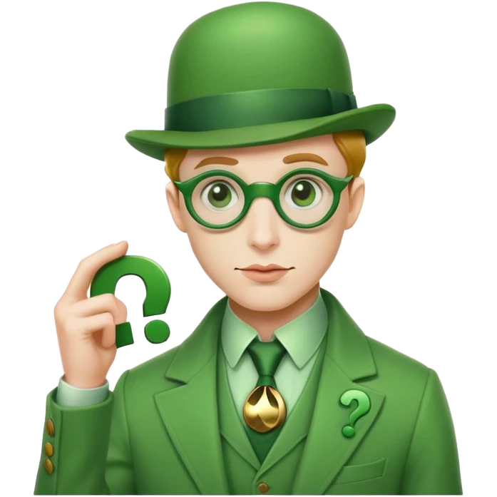 The Riddler villain from Batman with green suit, question mark symbols, bowler hat emoji