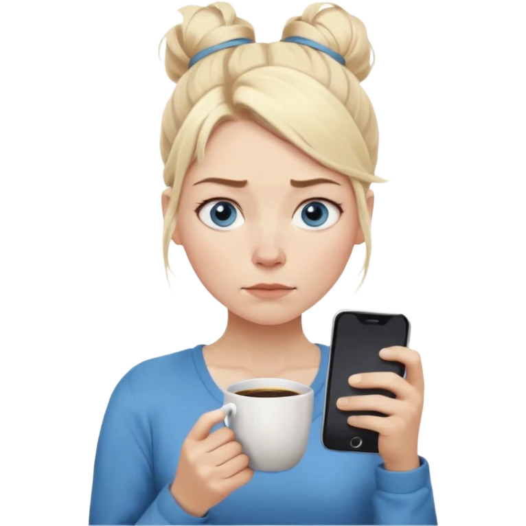 Cartoon emoji of a Scandinavian-looking woman with light blonde hair, pale skin, blue eyes. Portrait mode. Messy bun, tired eyes, tense face. Holding phone and coffee, rushed posture. Clearly busy, overwhelmed, slightly miserable. Smooth, simple, stylized emoji