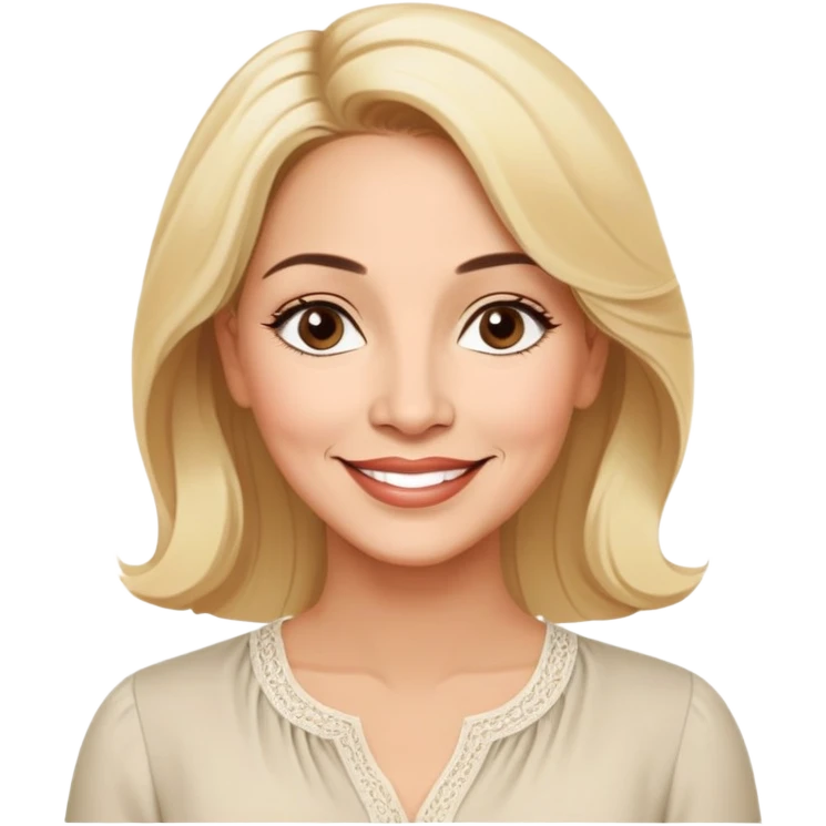 Warm-hearted Linette Torres, Puerto Rican actress in her 50s with light skin, extremely loving expression, bright gentle eyes, sweet welcoming smile, elegant blonde hair, wearing a simple relaxed blouse emoji