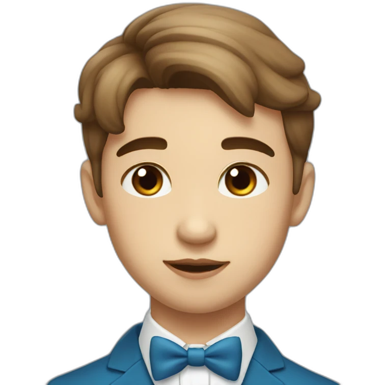 A young male tennager with a beauty spot on chin with a round face and very short brown hair and a mole on chin wearing a blue bow tie emoji