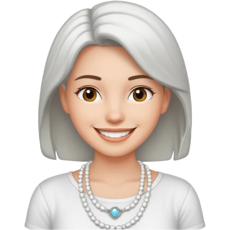 Счастливая Девушка с украшение на шее в виде бус белого и серебряного цвета в белой рубашке emoji