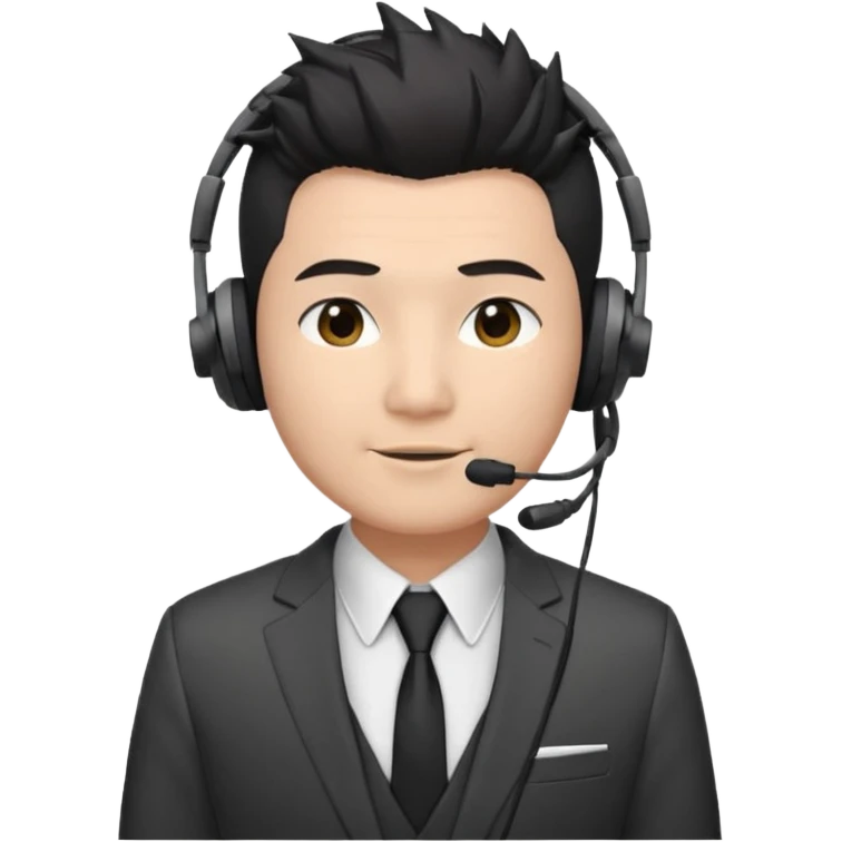 asian man headset suit face only spikey hair in front dark hair gay shirt chubbier face emoji