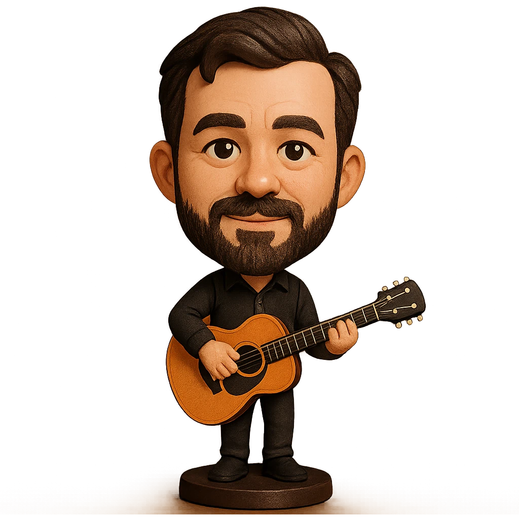 illustration of a musician playing guitar in bobblehead style emoji