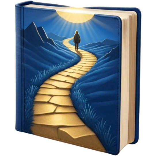 A deep blue-to-golden sunrise book with a textured, aged cover, featuring a lone figure on a path, a ray of light, or a tree with deep roots, radiating hope, purpose, and the power of finding meaning in adversity. emoji