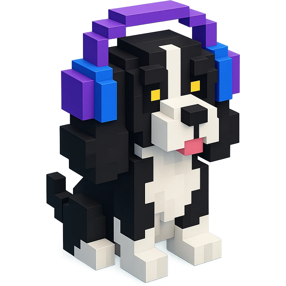 black and white Russian Cocker Spaniel puppy wearing headphones, sitting pose emoji
