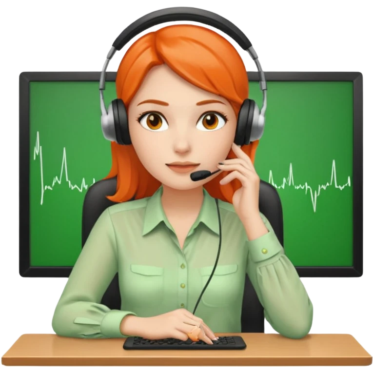 a woman sitting in the office, wearing a blouse and a headset. she is controling the limits on screen. green = ok, orange = am Limit, rot = überschritten emoji