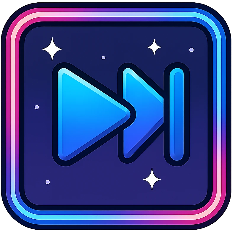 next song icon with dark purple, blue, and black base, bright accents, complex gradients, stars, bright neon border, modern clean next song symbol, glow and lighting effects, sophisticated futuristic icon style emoji
