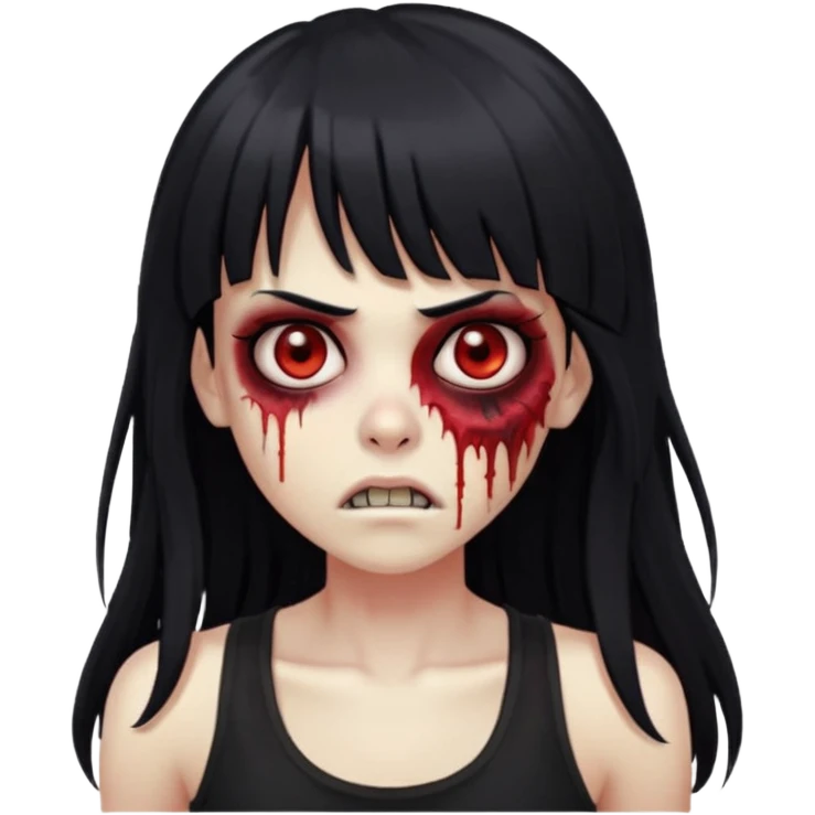 Zombie emoji with long black hair and bangs, big red eyes, small nose, and a simple black tank top. emoji