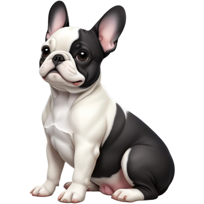 cinematic-[french bulldog]-realistic-full-body-sitting-emoji,-tail-resting-loosely-beside-its-paws,-head-tilted-dramatically,-sleek-[black ant whitepied]-fur,-simplified-yet-realistic-focused-features,-highly-detailed,-glowing-with-an-almost-sarcastic-glow emoji