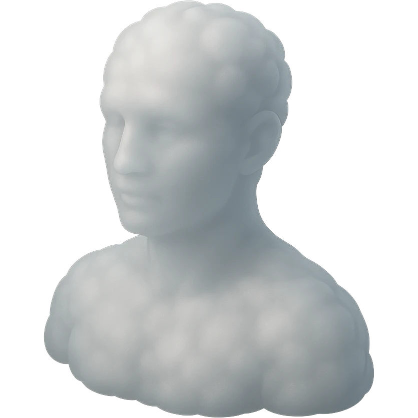 person looking straight, fully made of white fluffy convex clouds, shoulders up, matte glass style emoji