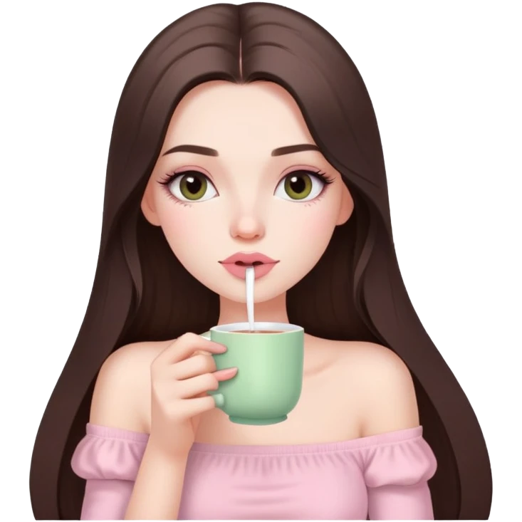 sexy pale girl, very full lips, long straight brunette hair, long lashes, pastel pink tube top, sipping tea  emoji