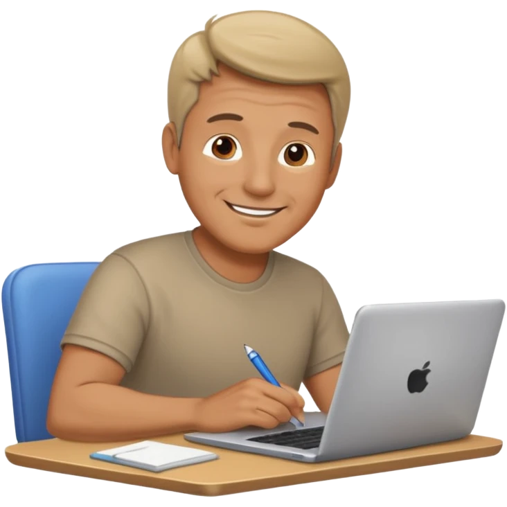 middle aged man looking at laptop and writing and smiling emoji