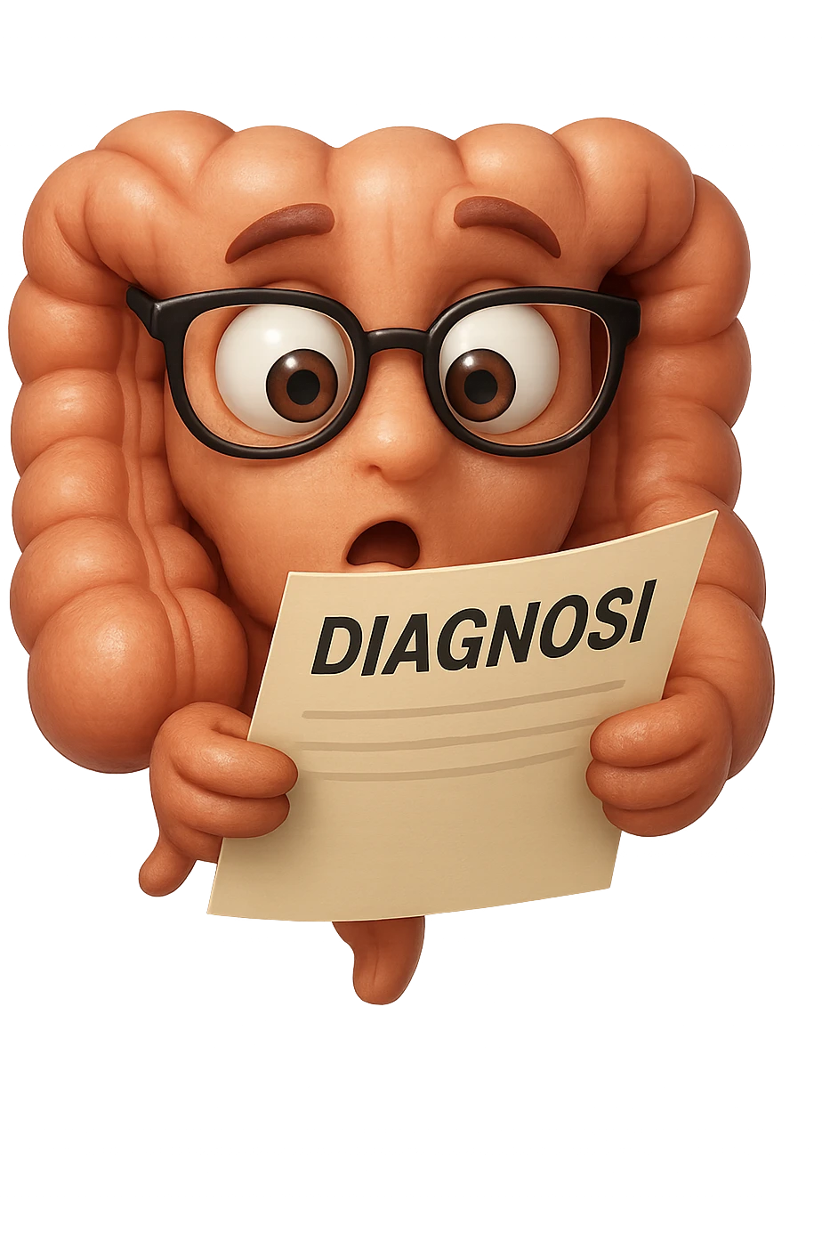 EMOJI STILE IPHONE DI UN INTESTINO CON GLI OCCHIALI CHE LEGGE UN FOGLIO CON LA SCRITTA DIAGNOSI, ESPRESSIONE STUPITA IN VOLTO, IPERREALISTICO 4K emoji