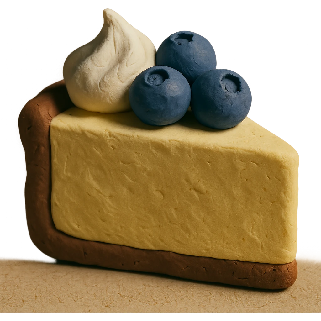 3D claymation cheesecake slice, chocolate crust, topped with blueberries and whipped cream, visible fingerprints, pastel colors emoji