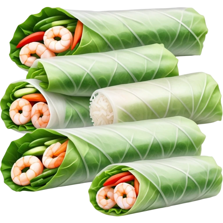 cinematic-realistic-vietnamese-summer-rolls-dish-emoji,-depicted-with-delicate-rice-paper-wraps-filled-with-fresh-vegetables-and-shrimp-rendered-with-crisp-textures-and-refreshing-lighting. emoji