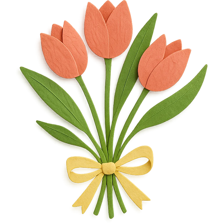 tulip bouquet with ribbon, delicate paper layers, naturalistic pose, expressive leaves and stems emoji