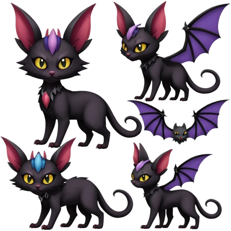 Black edgy Noivern-Noibat-Purloin-Torracat-Lykoi-Caracal-cat-Fakemon-fusion-hybrid-creature with bat wings on head as ears, big fangs, gothic markings emoji