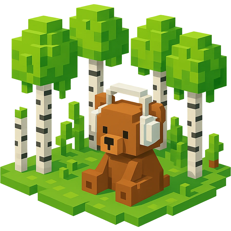 березовый лес, в котором сидит бурый медвежонок в белых наушниках, no background  emoji