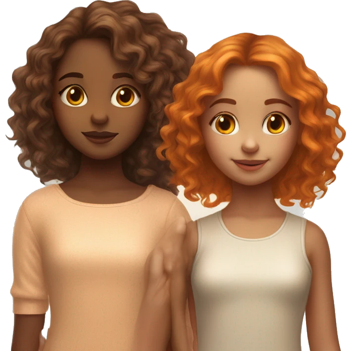 serene two girls. one has wavy brunette hair and the other has natural soft orange hair delicate fringe. standing together holding hands in gentle light. calm and content. hyper-realistic soft textures fine details glow on skin emoji