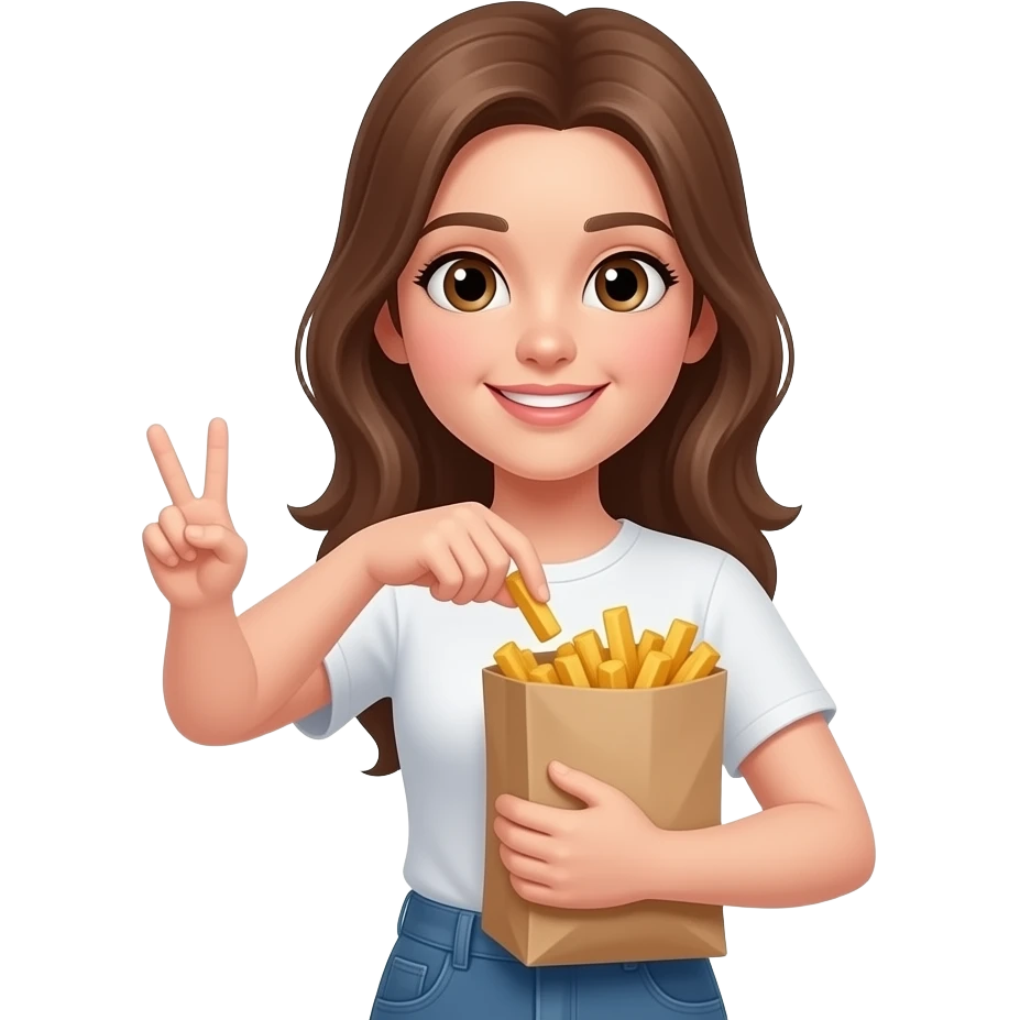 generate a white girl putting fries in the bag holding up a peace sign emoji