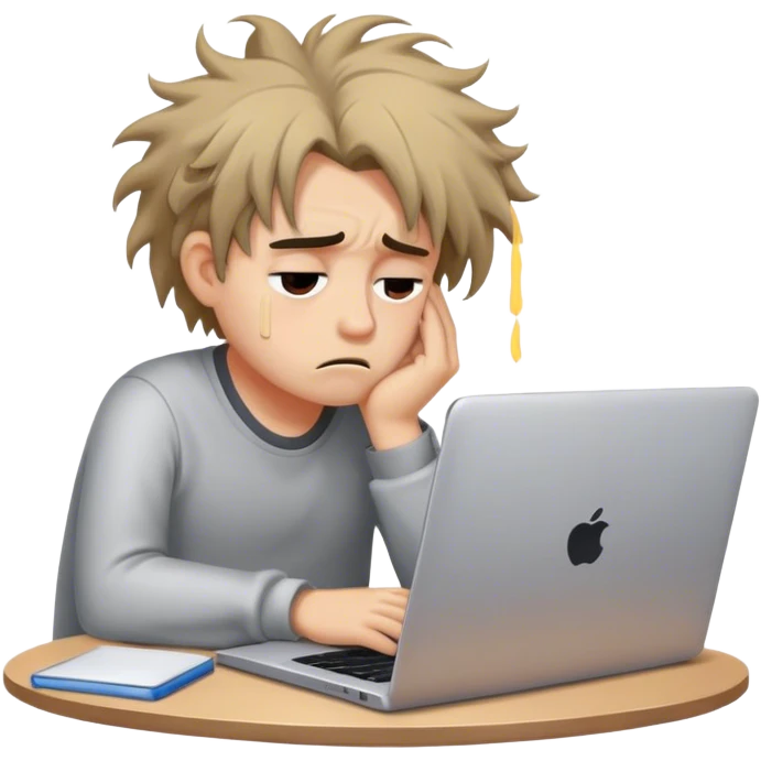 Create an emoji of a tired person sitting at a laptop, looking exhausted and frustrated. They have slouched posture and messy hair, representing overwork and burnout. emoji