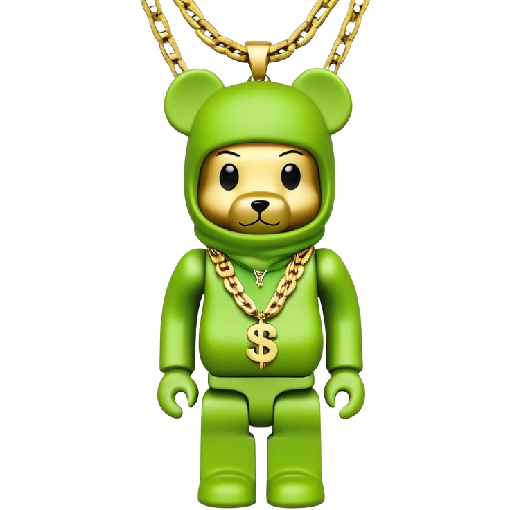 bearbrick with cube head in lime green balaclava tagged with multiple logos in graffiti style, wearing stacked gold chains, gold dollar sign pendant, luxury hip hop look emoji