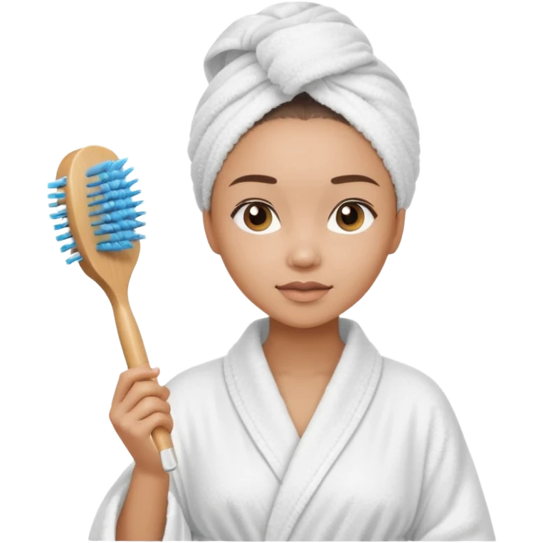 lightskin Women wearing shower robe and their hair with towel holding a brush emoji