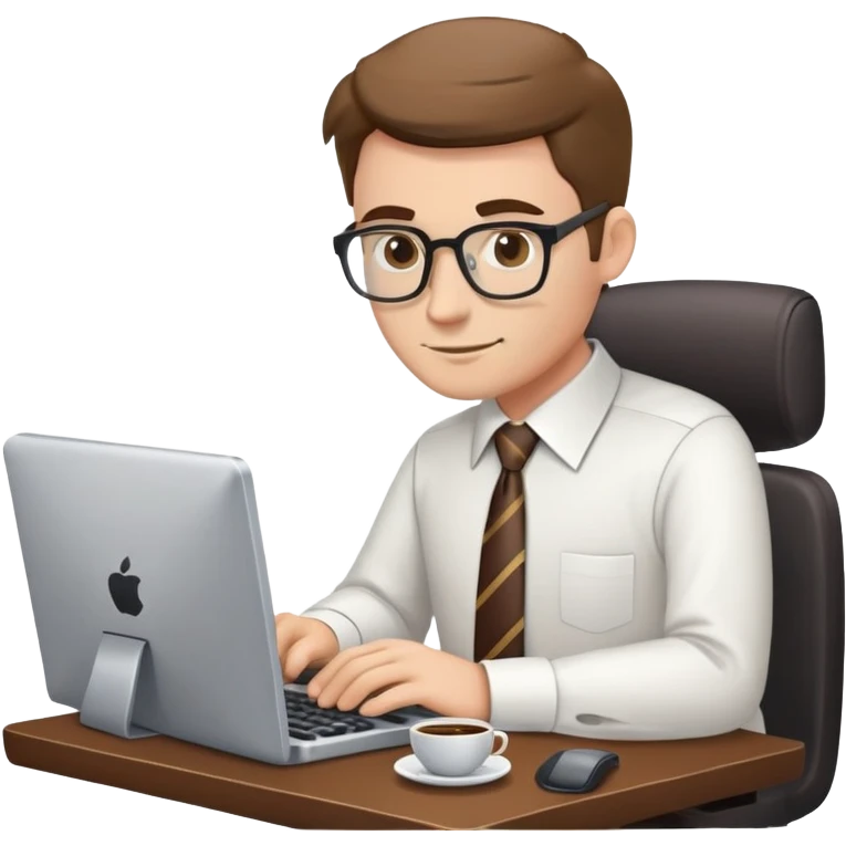 white journalist man in shirt and tie, typing on a computer, coffee cup nearby emoji