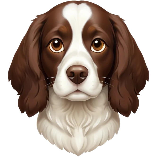 Cinematic Noble Springer Spaniel Portrait Emoji, Poised and regal, with a medium build and a glossy, well-groomed Fur of rich liver and white, deep-set soulful brown eyes, Simplified yet sharp and sophisticated features, highly detailed, glowing with a soft, dignified glow, high shine, intelligent and alert, stylized with an air of grace, focused and attentive, soft glowing outline, capturing the essence of a watchful and confident companion, so majestic it feels as though it could bound out of the screen with effortless authority! emoji