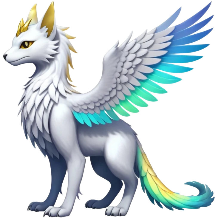 White Iridescent Colorful Exotic White, Gold, Yellow, Silver, Beaked Feathery Nocturnal Neon-glowing Abyssal Lightly Heaven-Cat-Gryphon-Suicune-Nargacuga-Silvally-Vernid-Sergal-Fakémon-Hybrid-Creature (full body) emoji