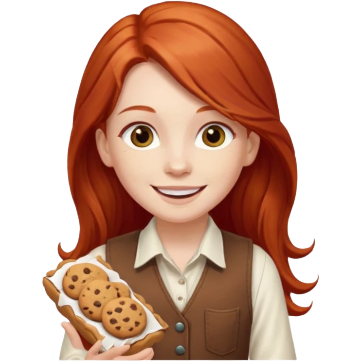 white girl scout with red long hair selling cookies with a brown vest and white shirt under vest. She should be around 10 years old emoji