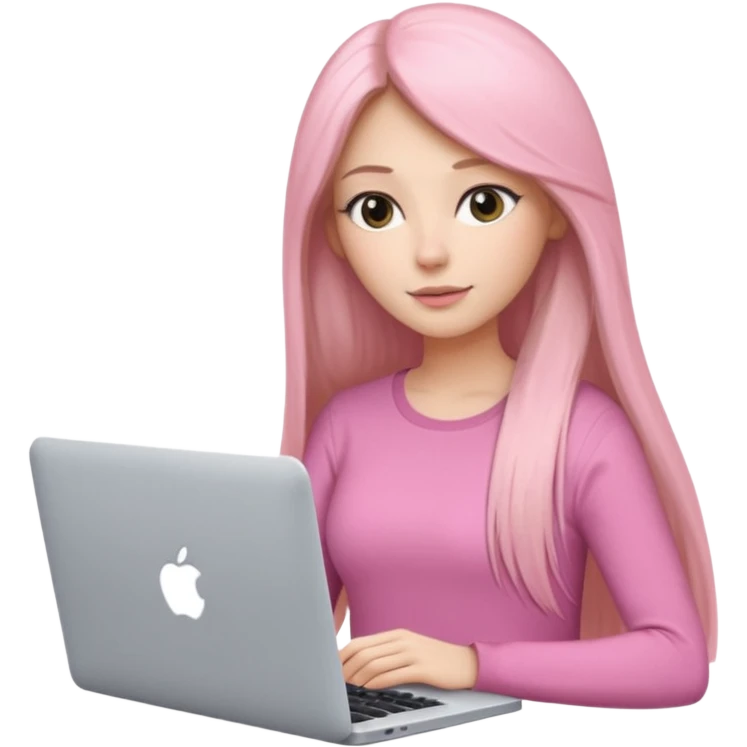 Mujer lacia peli larga y peli larga  en una MacBook rosa investigando y haciendo tareas con un libro de apuntes y con cara muy linda como modelo emoji