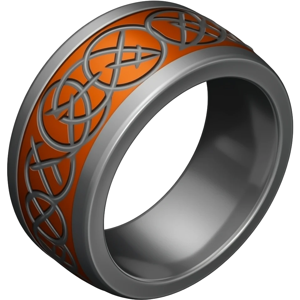 A runic ring meant for a warlock, the ring has occult markings and is dull, not super shiny and has an orange and dark grey color scheme emoji