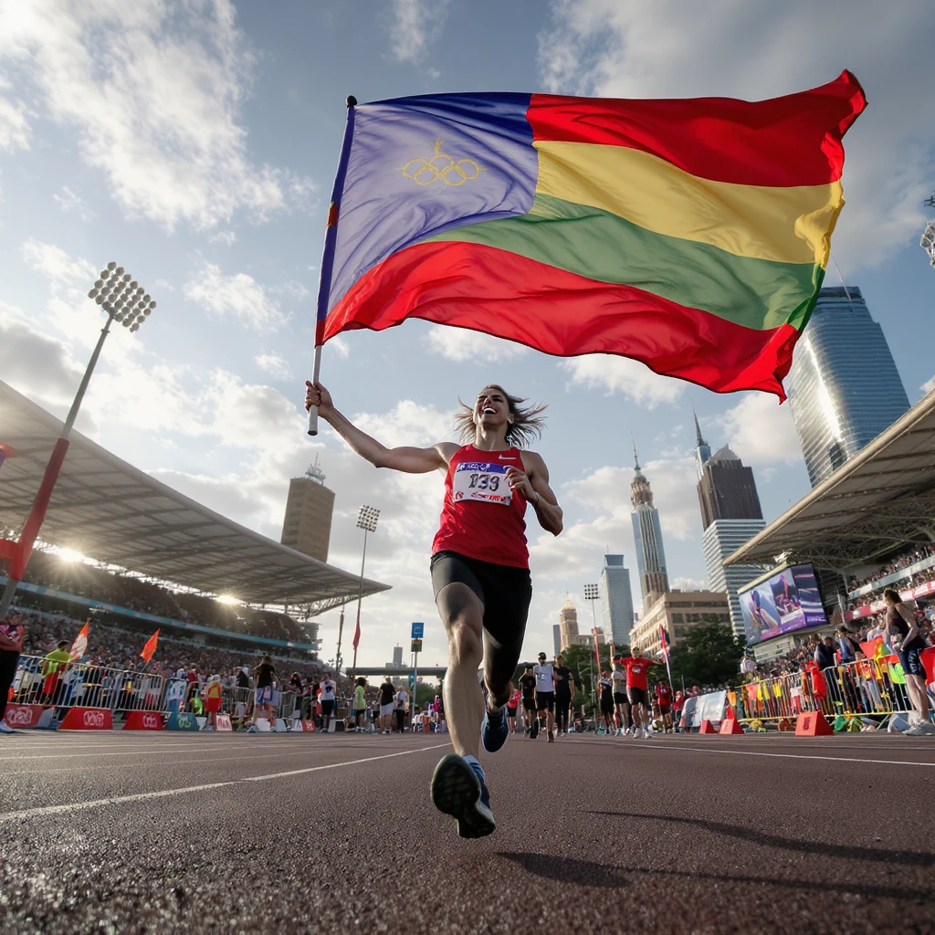 happy runner waving a flag of Olympic emoji