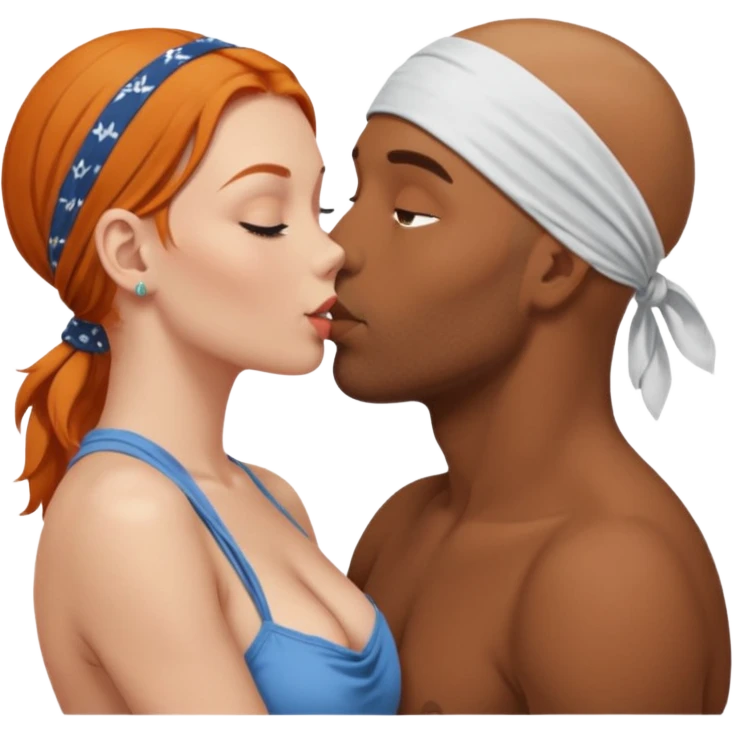 Two people naked kissing, brown man with bandana no hair, white girl ginger hair emoji