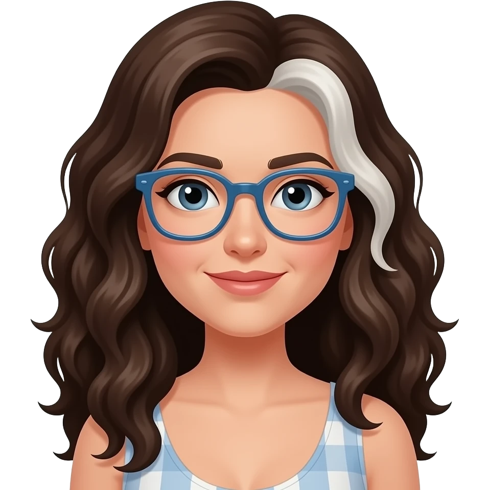 woman peachy white skin, dark brown long curly hair with a little bit of white, blue glasses emoji