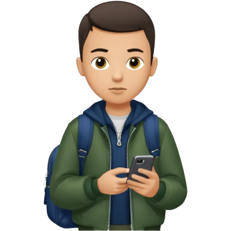 a tan boy with buzzcut and drak hair dark green jacket and navy blue bag looking at his phone dark blue school bag and zip his jacket up emoji