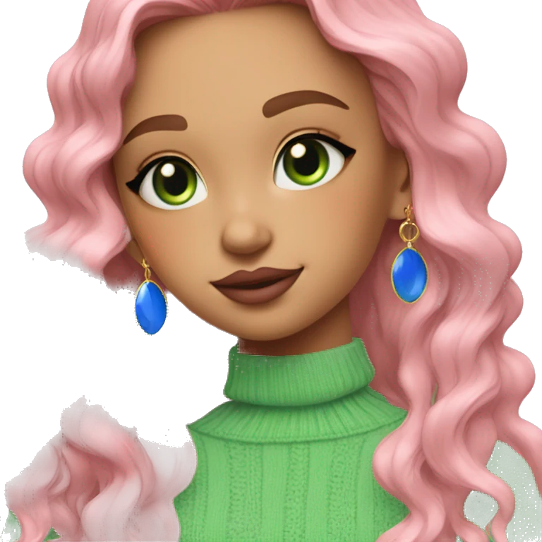 girl pink sweater pink lipstick green eyes blue earrings pink nails golden wavy long hair full body emoji