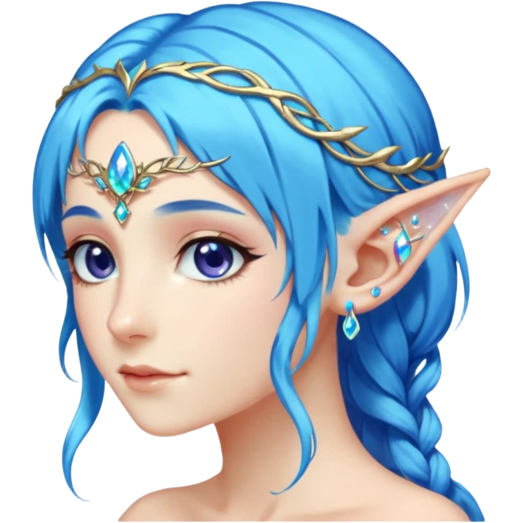 portrait of blue haired Elvish fae shiny sparkly iridescent translucent diaphanous ear climber ear cuff emoji