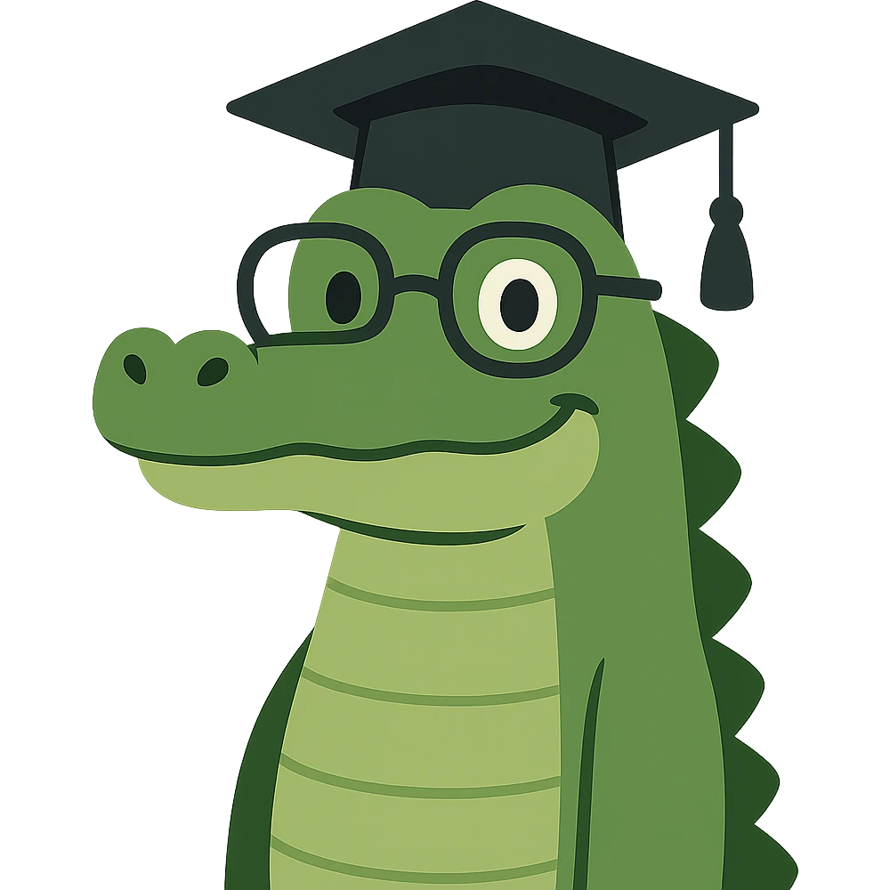 flat toon style academic alligator wearing glasses and a graduation cap, white background emoji
