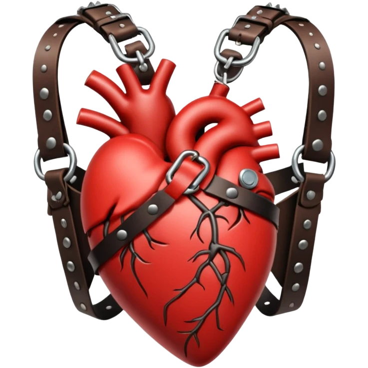 Human heart wrapped in tight leather straps, metal buckles, fetish gothic aesthetic emoji