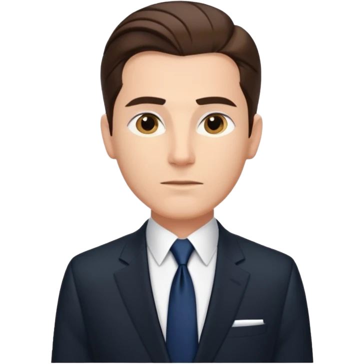 Caucasian man with slicked back brown hair, black suit, navy tie, elegant look standing  emoji