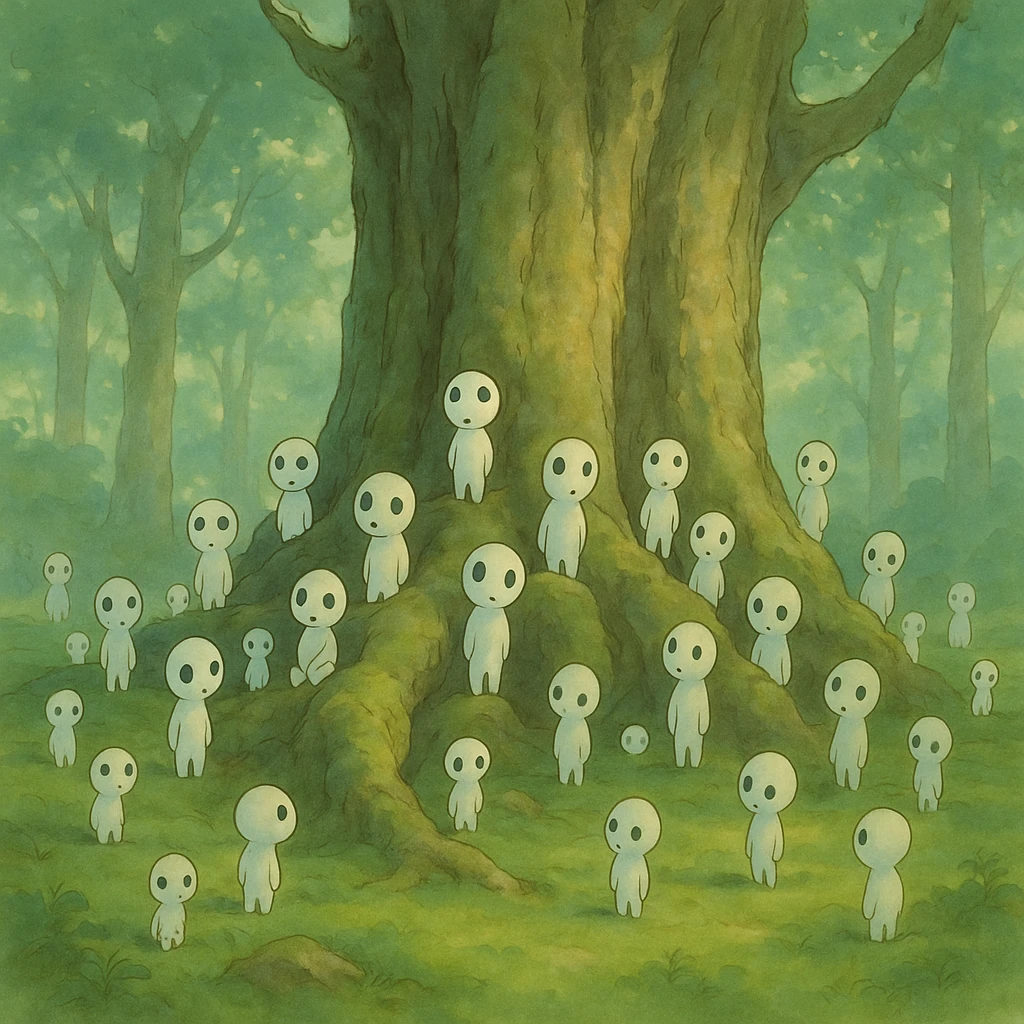 multiple forest spirits gathered around an ancient tree, magical atmosphere, soft colors, ghibli style emoji