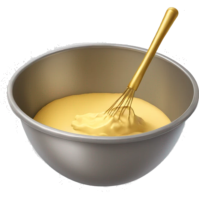 Realistic gold mixing bowl of cake batter with gold wisk in the bowl with it. emoji