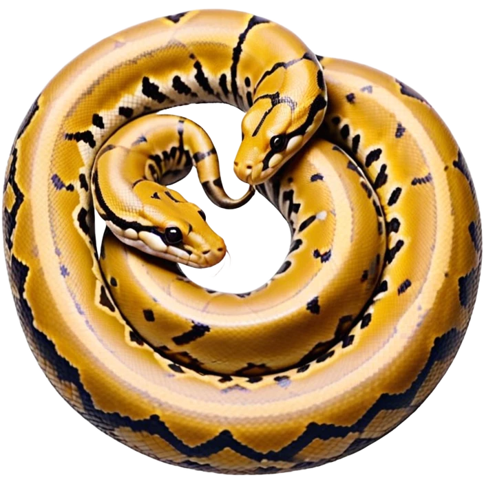 A photo-realistic top-down view of a Ball Python gently coiled into a tight spiral, with its head resting peacefully at the center. Its scales are warm brown with bold, irregular black markings, including the distinctive “alien-head” pattern, flowing smoothly along its body.  emoji
