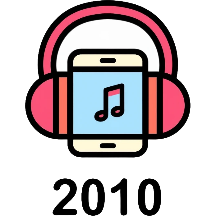 Music icon with headphones, smartphone, and "2010" text emoji