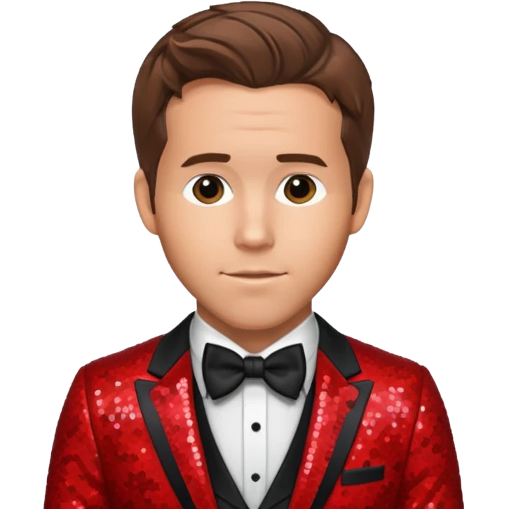 Ryan Reynolds with brown hair, red sequin suit with bow tie emoji