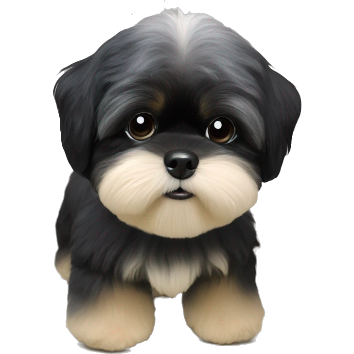 Shih tzu black puppy, yorkie coloring with light colored eyebrows. Round face, short ears. Looks like teddy bear  emoji