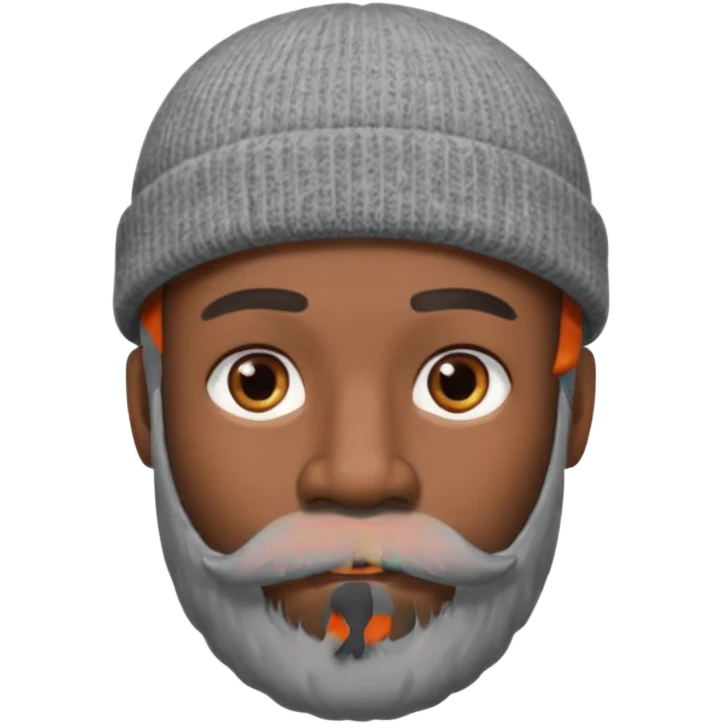 A dark-skinned man with a gray beanie, brown eyes, and a gray mustache and beard, wearing a calm expression. emoji