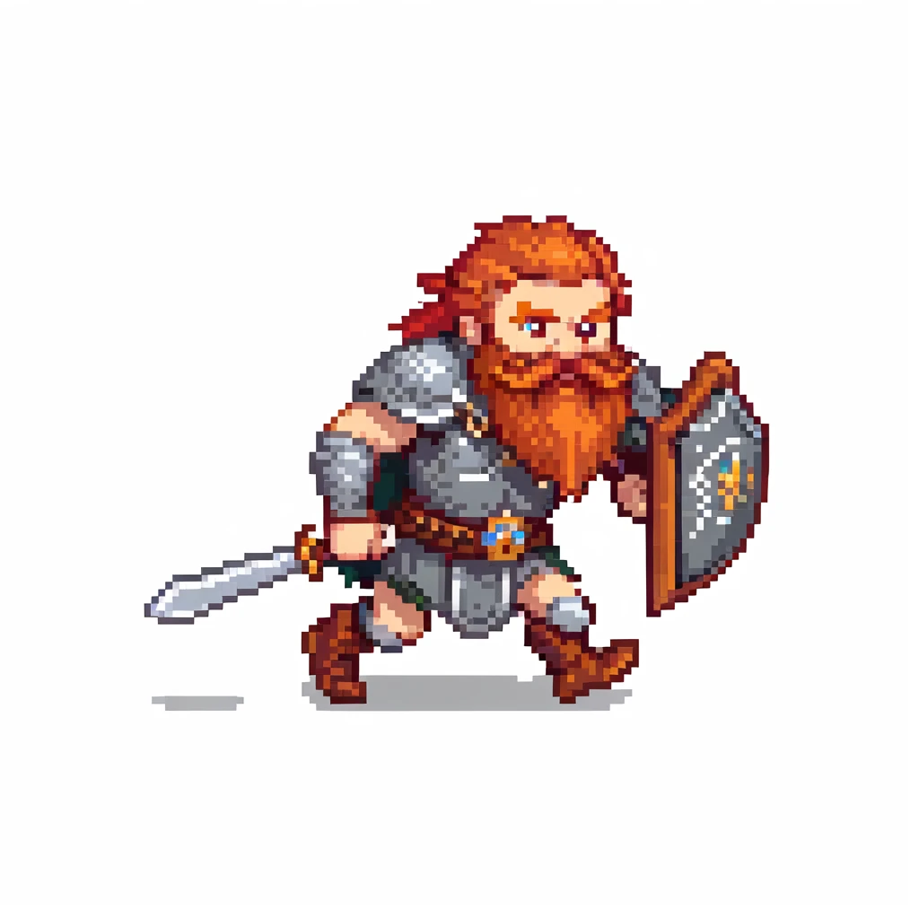 pixel art ginger viking with red beard and armor, running animation frame 3, legs crossing emoji